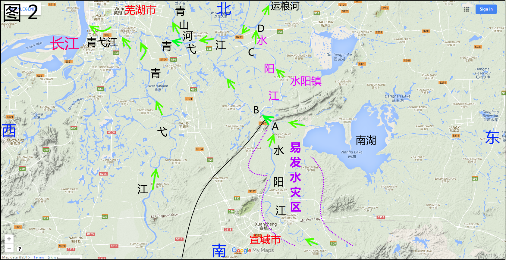 如图3所示,姑溪河还要将石臼湖水域的水排流到长江.