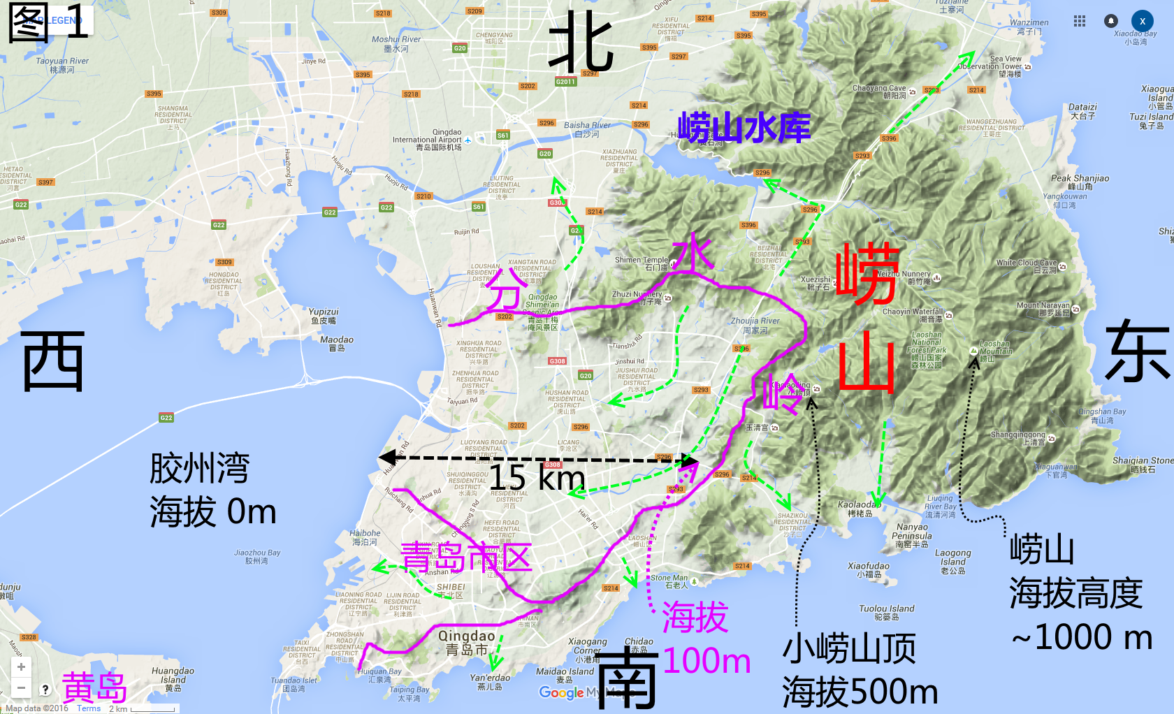 图示青岛市区难有水灾的地形原因